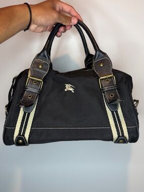 BURBERRY Blue Label black logo striped canvas satchel top handle bag